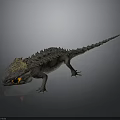 Detailed Gray Spiky Lizard With Yellow Head Orange Eyes And Reflection On Gray Background