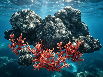 Vibrant Red Aquatic Plants Thriving Underwater Near Dark Rocks With Sunlight 3d model