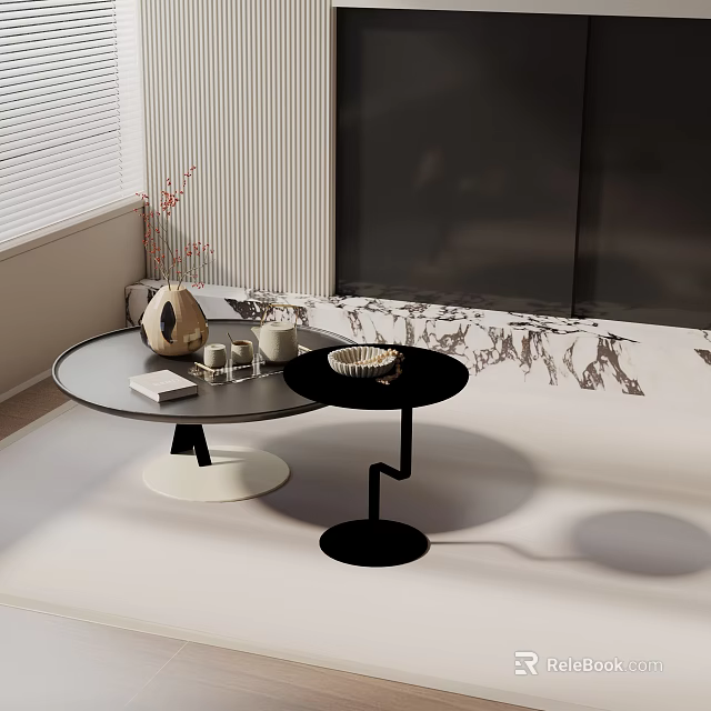 Modern Living Room Sofa And Coffee Table Set With Round Glass Top And Decor Items 3d model 