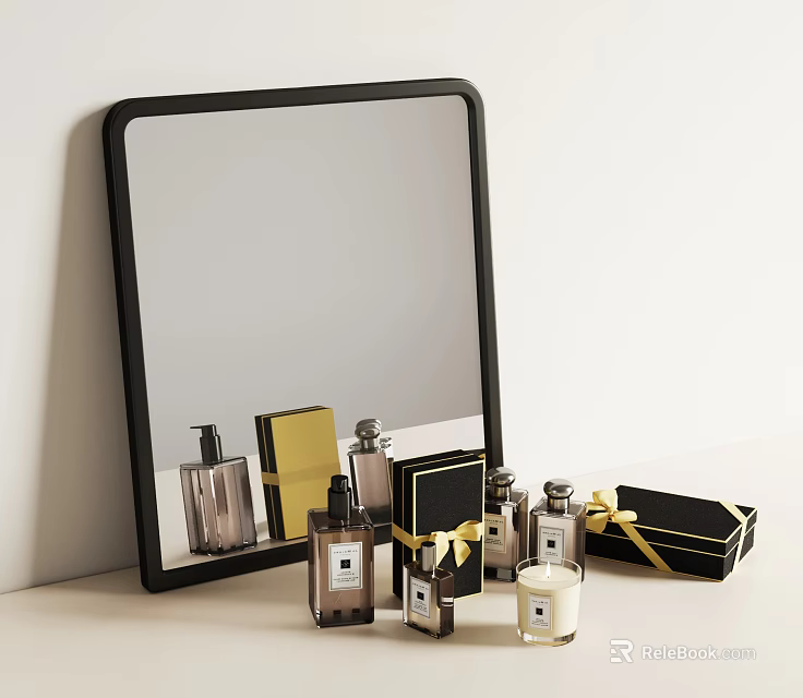 Elegant Perfume Bottles and Cosmetic Gift Boxes with Mirror Display on Table 3d model