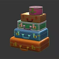 Colorful Stacked Suitcases with Gold Accents Handles and Reflective Surface on Dark Background
