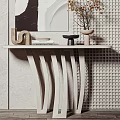 Elegant Console Table With Decorative Painting Vase And Grid Wall Design 3d model