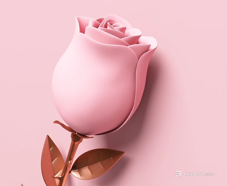 Soft Pink Rose with Golden Stem and Leaves on Pastel Pink Background 3d model 