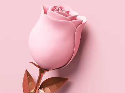 Soft Pink Rose with Golden Stem and Leaves on Pastel Pink Background 3d model