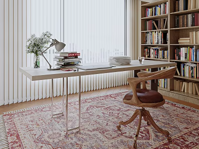 Modern Desk Chair Desk Chair Study Bookcase Books Book Ornaments Desk Lamp Office Chair Desk 3d model