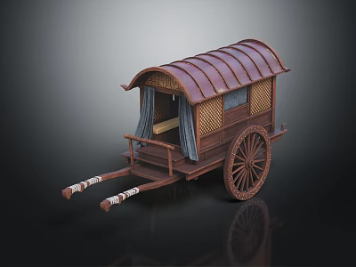 Traditional Wooden Horse Drawn Carriage With Curved Roof Curtained Windows And Spoked Wheels 3d model