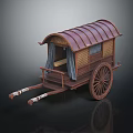 Traditional Wooden Horse Drawn Carriage With Curved Roof Curtained Windows And Spoked Wheels
