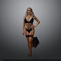Woman in black corset and garter belt holding black handbag against gray background