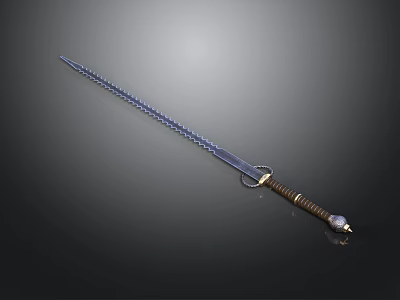 Serrated Blade Medieval Sword With Metal Construction And Brown Wrapped Handle 3d model
