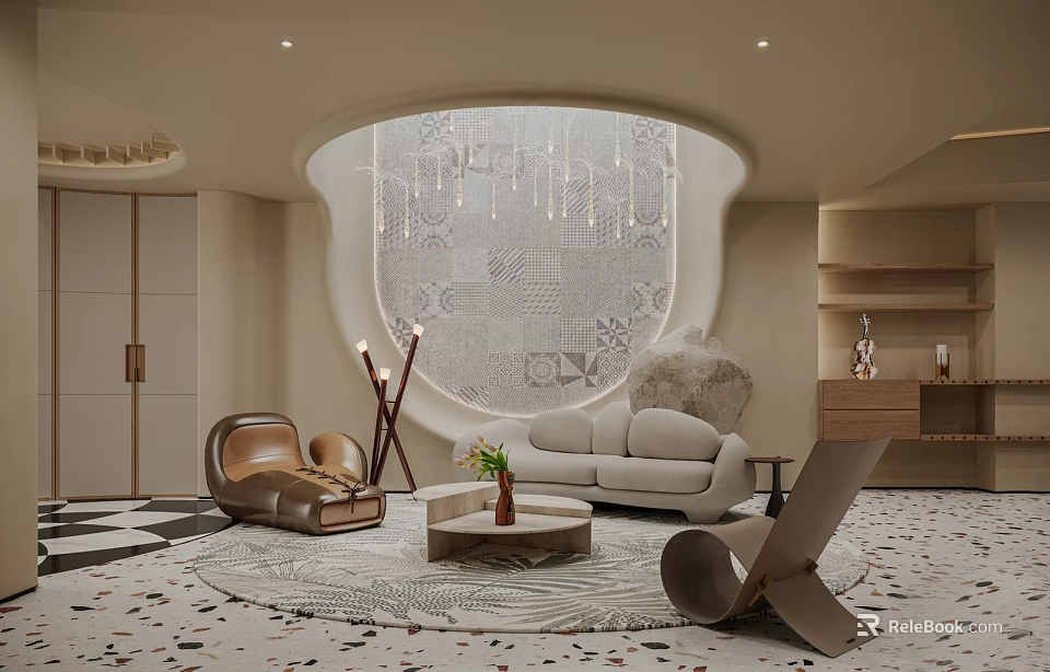 Modern Living Room Interior With Arched Geometric Wall Light Gray Sofa And Pendant Lights 3d model 