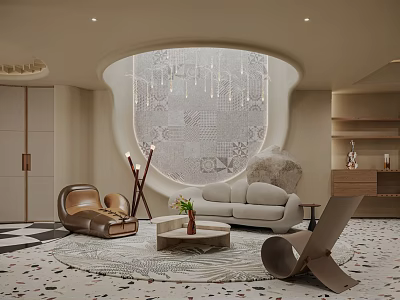 Modern Living Room Interior With Arched Geometric Wall Light Gray Sofa And Pendant Lights 3d model