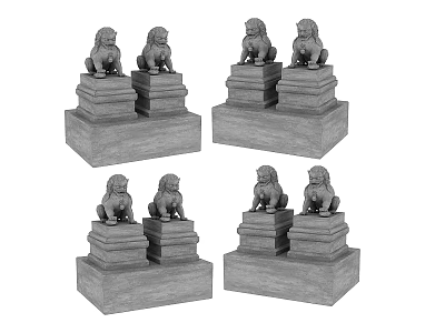 Traditional Carved Stone Lion Sculptures on Pedestals for Garden Decoration 3d model