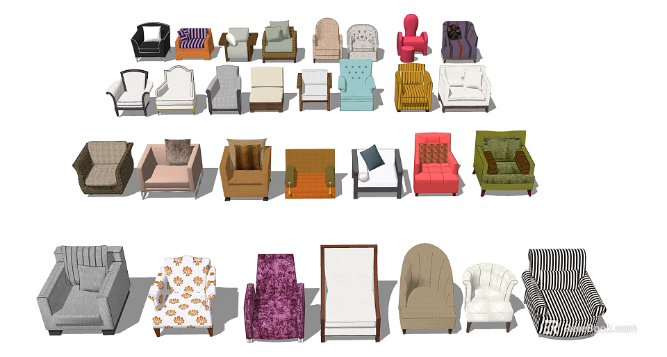 Various Single Sofa Options Featuring Different Colors Patterns And Classic Modern Designs 3d model