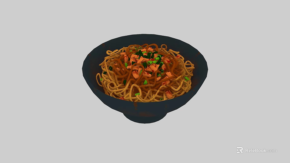 Tasty Noodles Dish with Colorful Vegetables and Juicy Meat in Black Bowl 3d model 