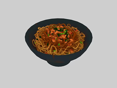Tasty Noodles Dish with Colorful Vegetables and Juicy Meat in Black Bowl 3d model