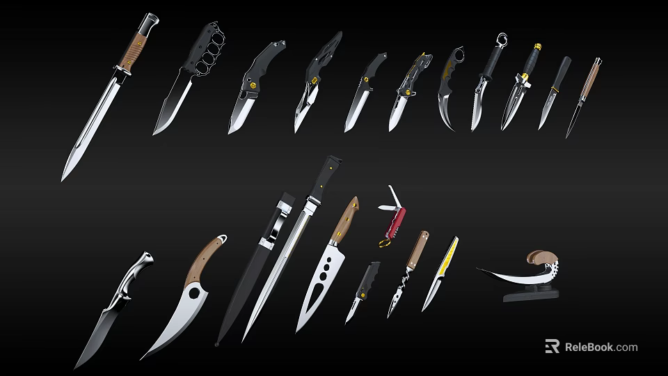 Weapons Collection Including Knives Swords Daggers and Bladed Tools with Different Designs 3d model