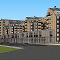 Vibrant Commercial Street With Multi Story Buildings Cars Pedestrians Trees And Sunlight