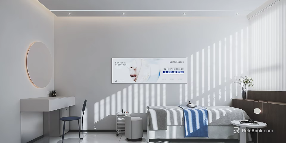 Modern Minimalist White Beauty Salon Room With Beauty Bed Dressing Table And Poster 3d model 
