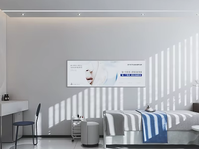 Modern Minimalist White Beauty Salon Room With Beauty Bed Dressing Table And Poster 3d model