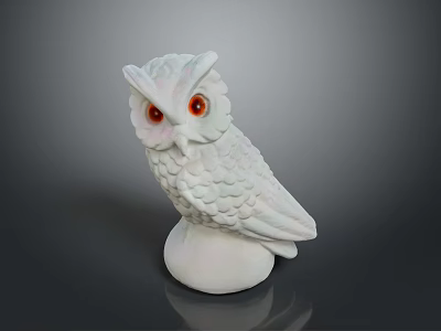 White Owl Decorative Sculpture With Red Eyes Standing On Base 3d model