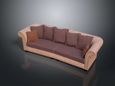 Comfortable Upholstered Sofa With Beige Frame Brown Cushions And Pillows 3d model