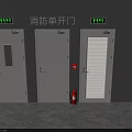 Fire Safety Single Doors with Emergency Exit Signs and Red Fire Extinguisher