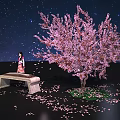 Cartoon Scene Featuring Night Sky Stars Pink Cherry Blossom Tree Stone Guzheng Girl Scattered Petals