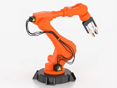 Orange Industrial Robot Arm With Black Cables Mechanical Gripper And Black Base 3d model