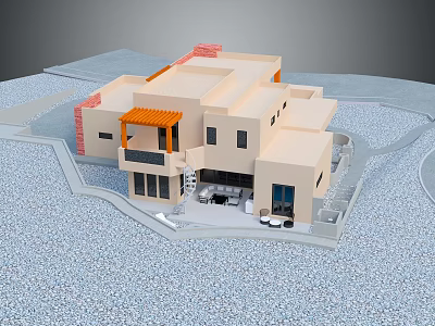 Cartoon Style Modern House Scene With Beige Exterior Orange Balcony And Surrounding Path 3d model