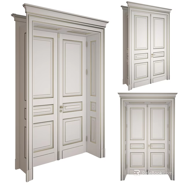 White Hinged Doors With Panel Design And Multiple View Details 3d model 