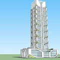 Modern Skyscraper with Geometric Design Glass Windows Trees at Base and Blue Sky White Clouds