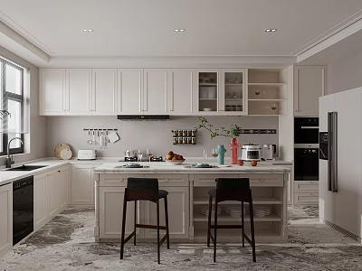 Modern Kitchen Interior Design With White Cabinets Island Counter Bar Stools And Appliances 3d model