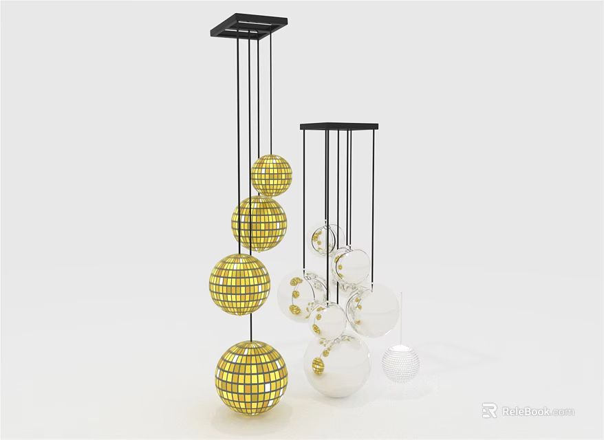 Modern Decorative Chandelier With Gold White Spherical Shades And Hanging Metal Frame Design 3d model 