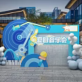 Blue Summer Concert Inflatable Backdrop With Guitar Music Notes Star And Balloons