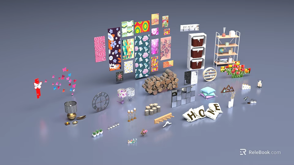 Assorted Home Decor Collection With Patterned Fabrics Wooden Stacks And Decorative Plants 3d model 