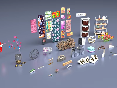 Assorted Home Decor Collection With Patterned Fabrics Wooden Stacks And Decorative Plants 3d model