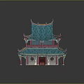 Cartoon Scene of Traditional Chinese Architecture with Blue Curved Roof Red Pillars and Colorful Decorations