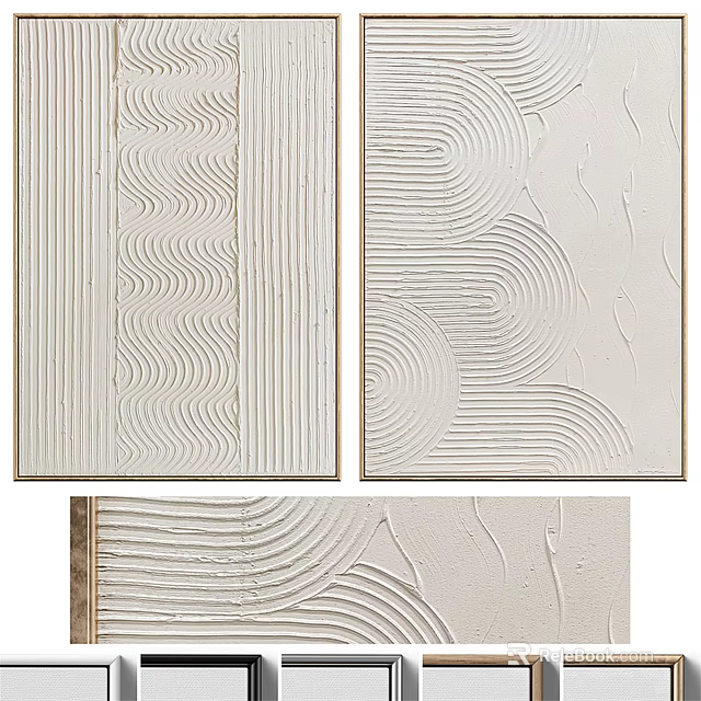 Abstract Textured Wall Art With Curved Patterns And Metallic Frames 3d model 