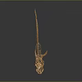 Golden Fish Skeleton Structure With Skull Spines And Dark Background Reflection