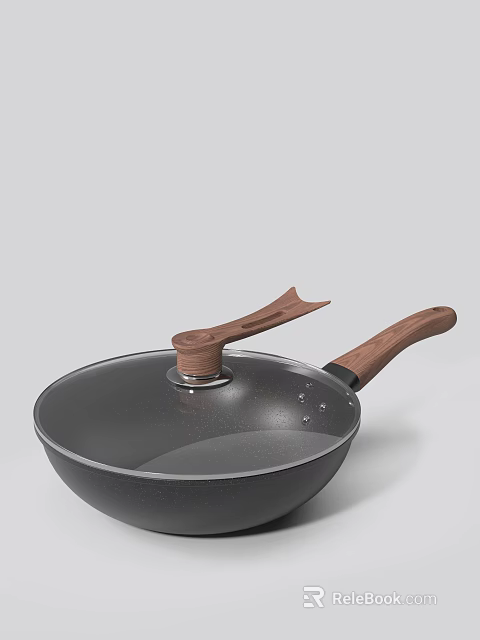 Non Stick Frying Pan With Wooden Handle And Glass Lid For Kitchen Cooking Use 3d model 