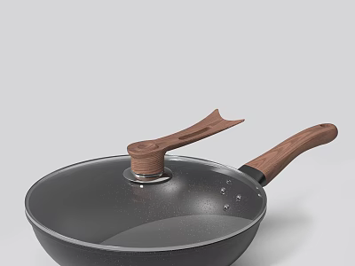 Non Stick Frying Pan With Wooden Handle And Glass Lid For Kitchen Cooking Use 3d model