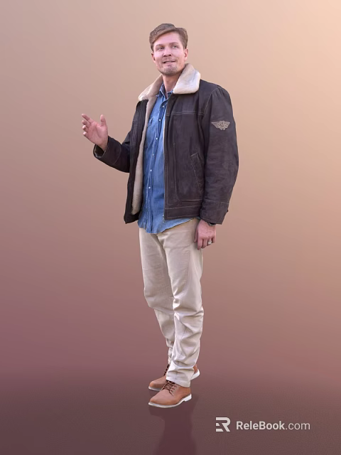 Man Wearing Black Leather Jacket Blue Shirt And Khaki Pants Gesturing With Right Hand 3d model 