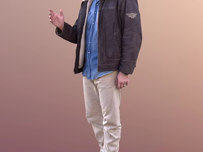 Man Wearing Black Leather Jacket Blue Shirt And Khaki Pants Gesturing With Right Hand 3d model