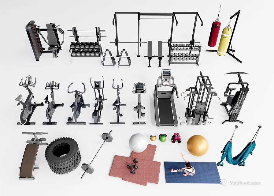 Essential Fitness Equipment Collection Featuring Treadmills Dumbbells Barbells Exercise Balls And Yoga Mats 3d model 