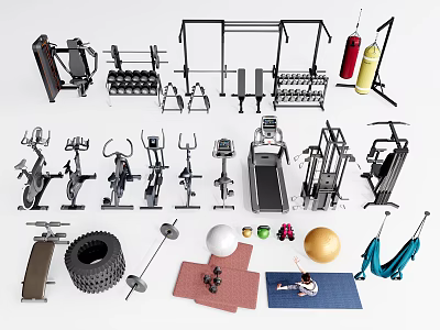 Essential Fitness Equipment Collection Featuring Treadmills Dumbbells Barbells Exercise Balls And Yoga Mats 3d model