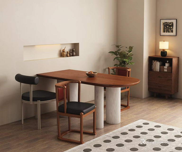 Minimalist Dining Table Set With Wooden Table Black Seat Chairs And Polka Dot Rug 3d model 