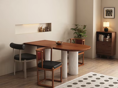 Minimalist Dining Table Set With Wooden Table Black Seat Chairs And Polka Dot Rug 3d model