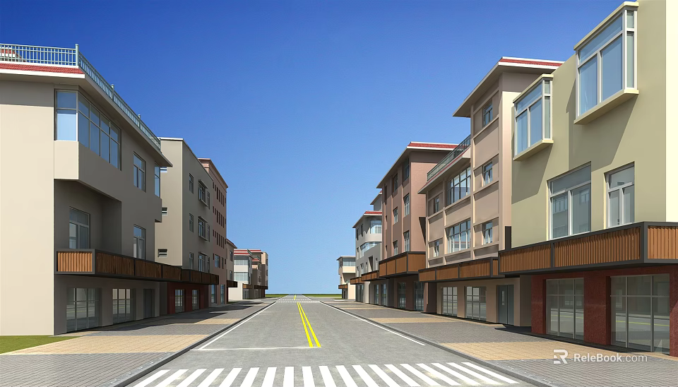 Modern Commercial Street With Spacious Road Yellow Lines Zebra Crossing And Buildings On Both Sides 3d model 