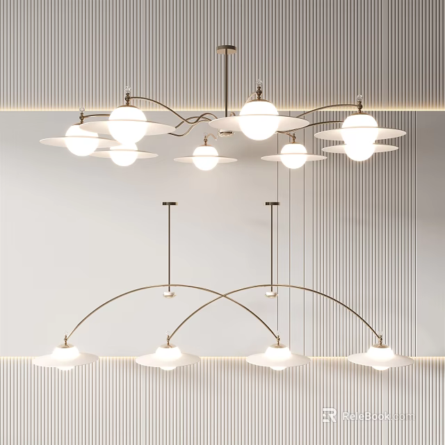 Modern Chandeliers With Multiple White Lampshades And Curved Metal Frames On Interior Ceiling 3d model 