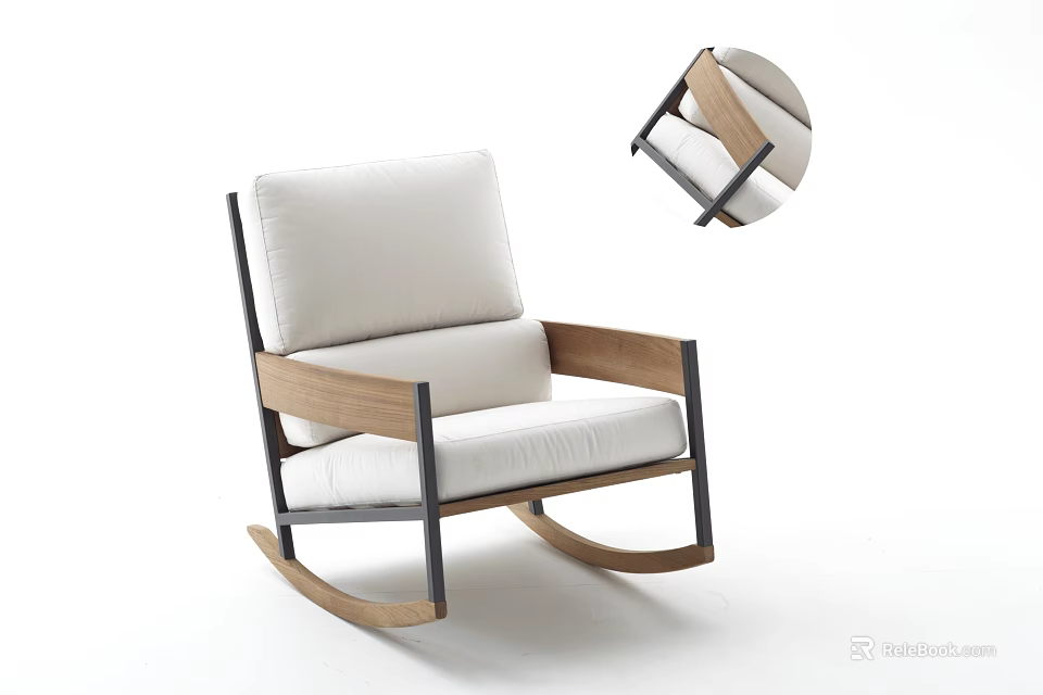 Modern Stylish Leisure Rocking Chair With Wooden Frame And White Cushion 3d model 